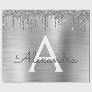 Silver Glitter Brushed Metall Monogram Namn Presentpapper