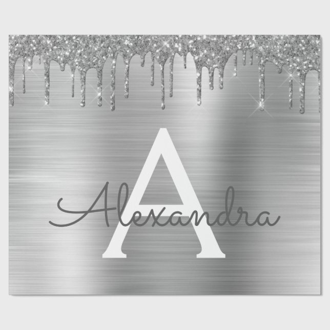 Silver Glitter Brushed Metall Monogram Namn Presentpapper (Platt)