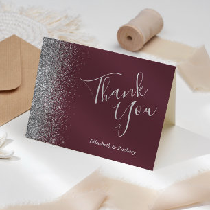 Silver Glitter Burgundy Bröllop Tack Kort