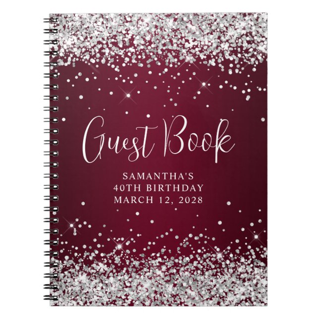 Silver Glitter Burgundy Ombre 40:e födelsedagsgäst Anteckningsbok (Framsidan)