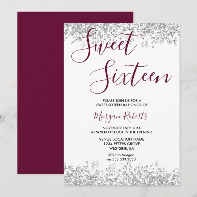 Silver Glitter Burgundy Sweet 16 Party Inbjudningar (Fram/baksida)