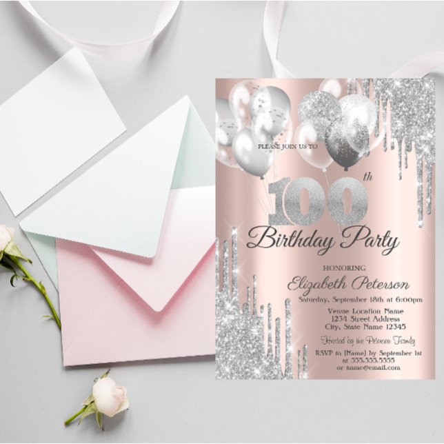 Silver Glitter-bussningar 100:e Födelsedagsfesten Inbjudningar (Skapare uppladdad)