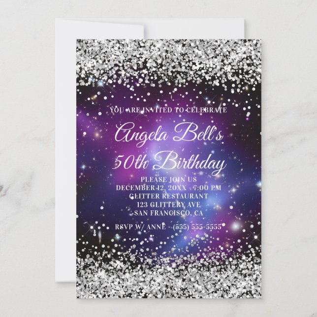 Silver Glitter Celestial Lila 50:e födelsedagen Inbjudningar (Baksida)