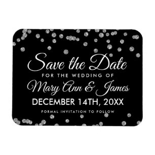 Silver Glitter Confetti Black Bröllop Spara Datum Magnet