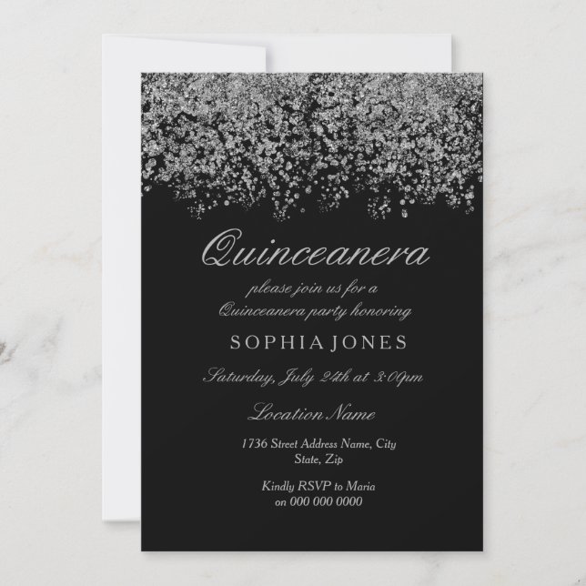 Silver Glitter confetti Black Quinceanera Inbjudan (Framsida)