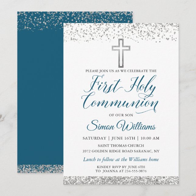 Silver Glitter Cross Script Första Nattvarden Inbjudningar (Fram/baksida)