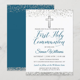 Silver Glitter Cross Script Första Nattvarden Inbjudningar