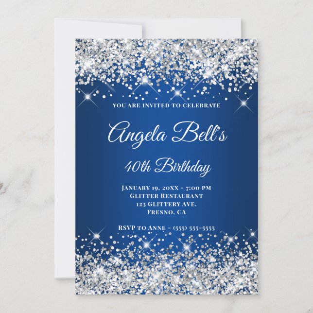 Silver Glitter Deep Blue Ombre Finare Monogram Inbjudningar (Framsida)
