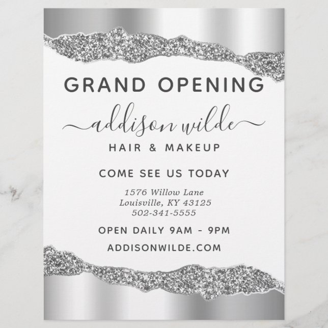 Silver Glitter Diamond Glam Business Grand Open Reklamblad (Framsidan)