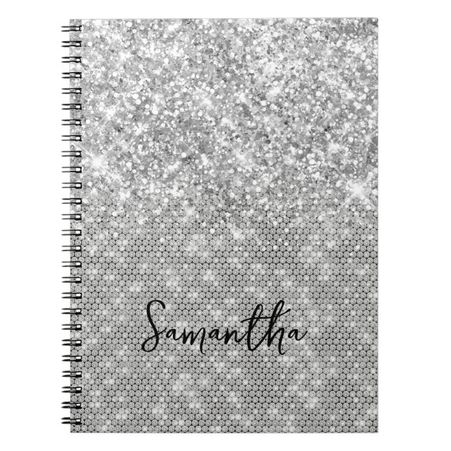 Silver Glitter Diamond Glam Skriptnamn Anteckningsbok (Framsidan)