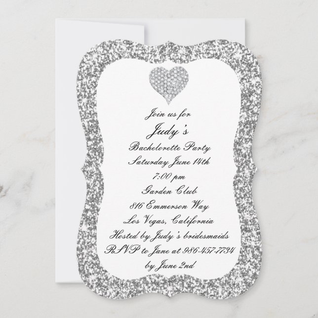 Silver Glitter Diamond Heart Bachelorette Party Inbjudningar (Framsida)