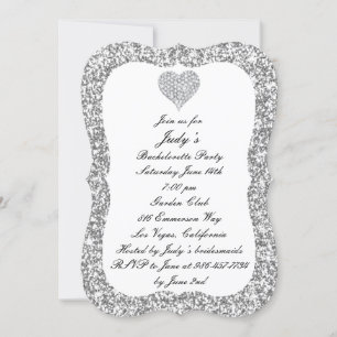 Silver Glitter Diamond Heart Bachelorette Party Inbjudningar