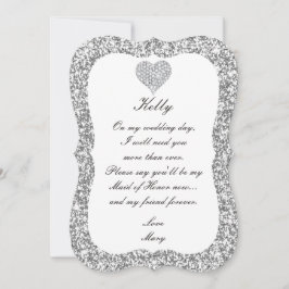 Silver Glitter Diamond Heart Brudtärna Kort