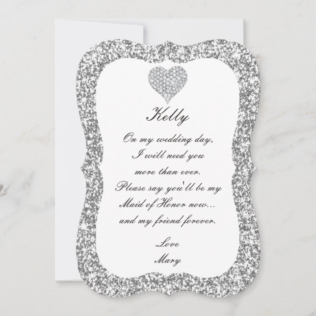 Silver Glitter Diamond Heart Maid of honor Card Inbjudningar (Framsida)