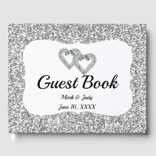 Silver Glitter Diamond Hearts Bröllop Guestbook Gästböcker