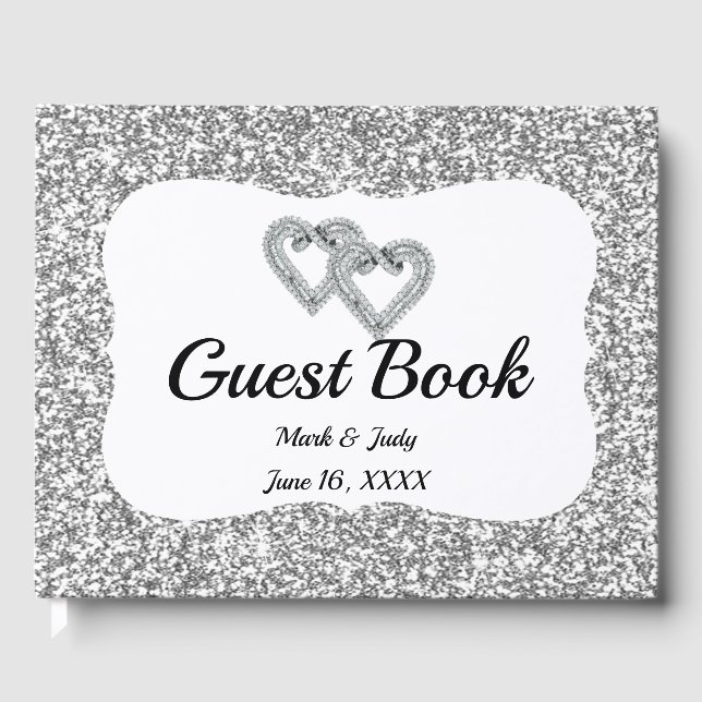 Silver Glitter Diamond Hearts Bröllop Guestbook Gästböcker (Framsida)