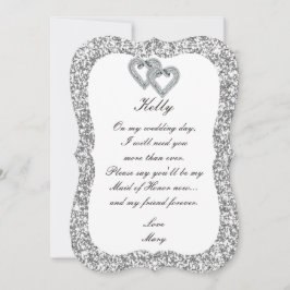 Silver Glitter Diamond Hearts-kortet Maid of honor Inbjudningar