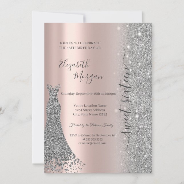 Silver Glitter Diamond Klänning Rose Gold Sweet 16 Inbjudningar (Framsida)
