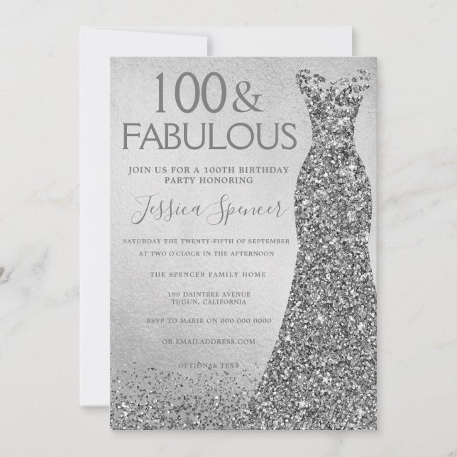 Silver Glitter Dress 100 och fantastiska 100:e föd Inbjudningar (Framsida)