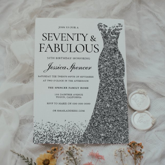 Silver Glitter Dress 70 och Fabulous 70 Party Inbjudningar (Skapare uppladdad)