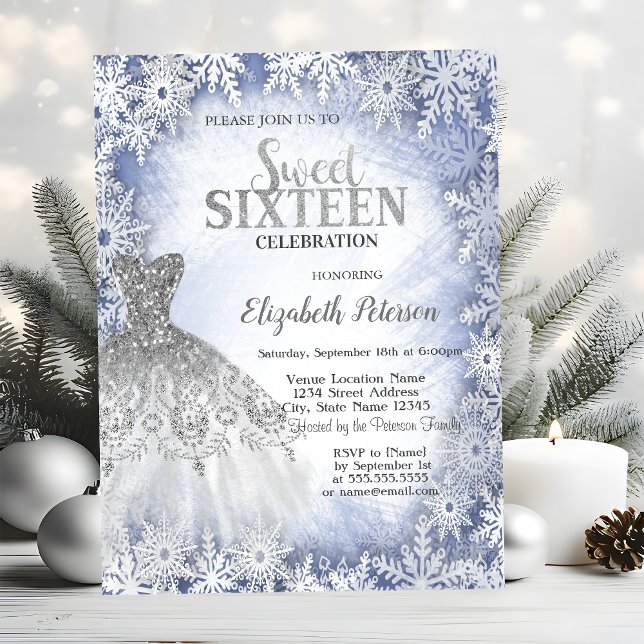 Silver Glitter Dress Blue Snöflingor Sweet 16 Inbjudningar (Skapare uppladdad)