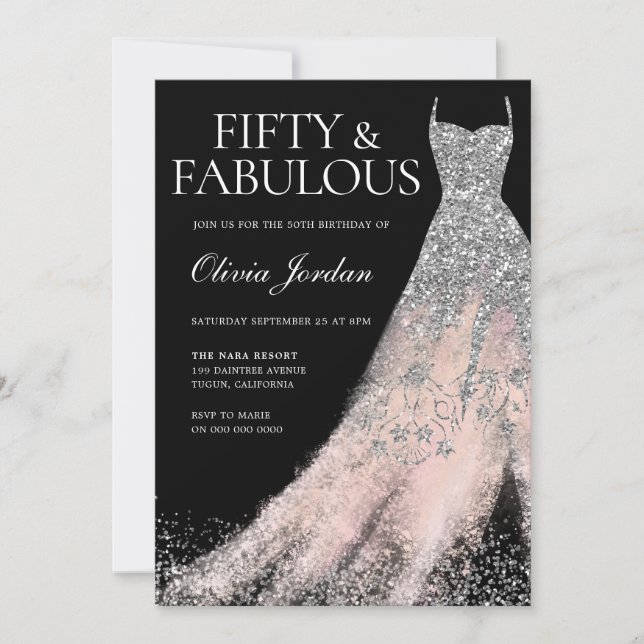 Silver Glitter Dress Blush Haze 50th Birthday  Inbjudningar (Framsida)