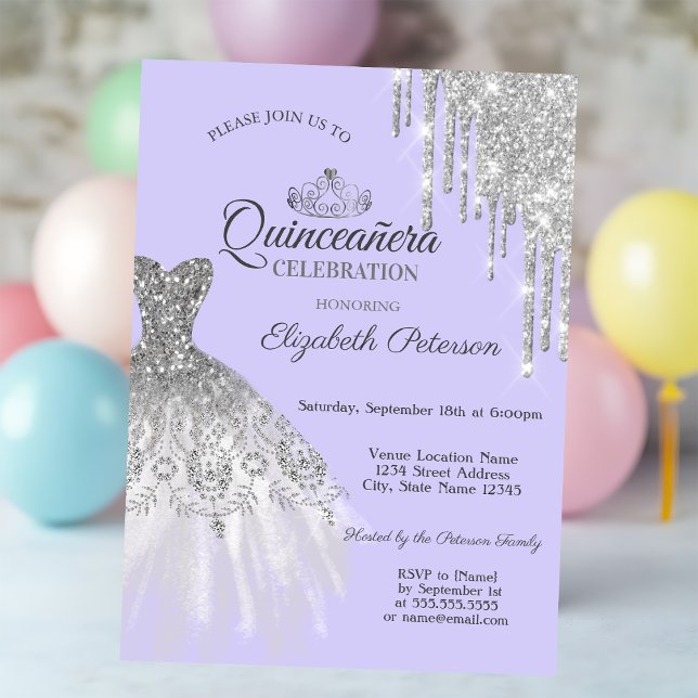 Silver Glitter Dress,Drivrutiner Lila Quinceañera Inbjudningar (Skapare uppladdad)