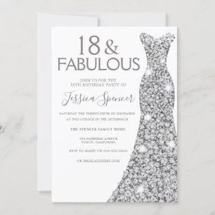 Silver Glitter Dress Girls 18:e Födelsedagsfesten Inbjudningar