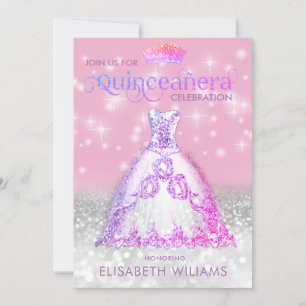 Silver glitter dress ombre tiara Quinceañera Inv. Inbjudningar