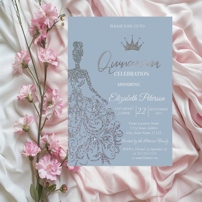 Silver Glitter Dress Tiara Dusty Blue Quinceanera Inbjudningar (Skapare uppladdad)