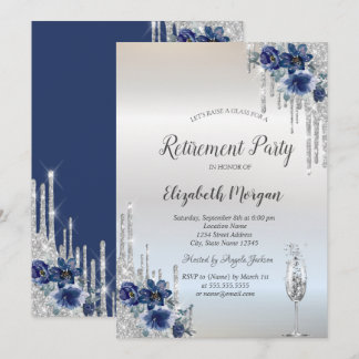 Silver Glitter Drip Blå Blommor Pensionering Inbjudningar