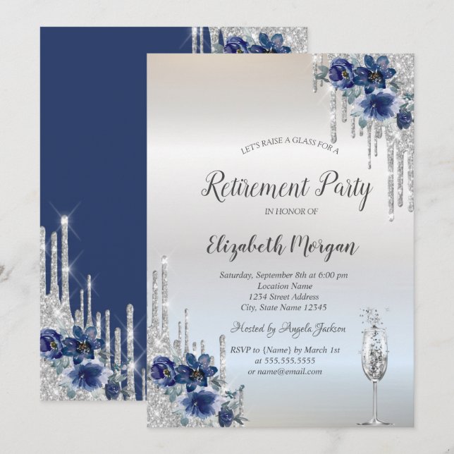 Silver Glitter Drip Blå Blommor Pensionering  Inbjudningar (Fram/baksida)