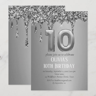 Silver Glitter Drip Girl Girly 10:e födelsedagen Inbjudningar