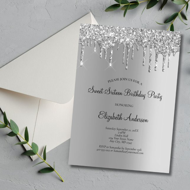 Silver Glitter Drip Glam Sweet 16 Födelsedag  Inbjudningar (Silver Dripping Glitter Sweet Sixteen Birthday Party Invitation. Printed or Digital Download)