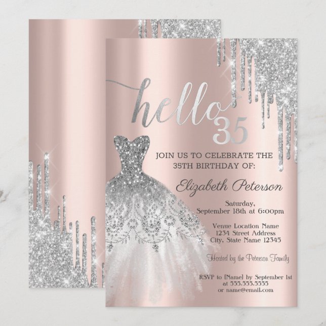 Silver Glitter Drip Klänning Rose Gold 35-årsdag  Inbjudningar (Fram/baksida)