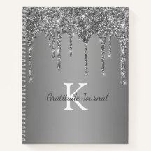 Silver Glitter Drip Monogram Gratitude Journal