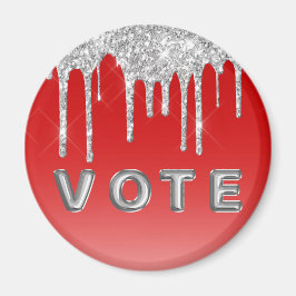 Silver Glitter Drip Red Background Vote Magnet