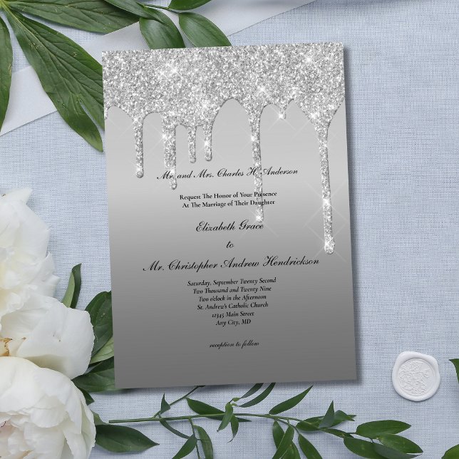 Silver Glitter Drip Trendigt Elegant Modern Bröllo Inbjudningar (Silver Dripping Glitter Elegant Modern Glam Bling Wedding Invitation)