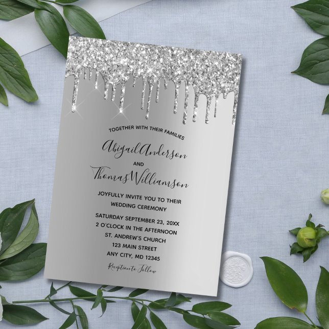 Silver Glitter Drip Trendigt Elegant Modern Bröllo Inbjudningar (Elegant Silver Dripping Glitter Wedding invitation)