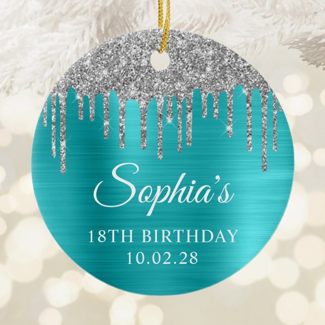 Silver Glitter Drips Aqua Blå 18-årsdag Foto Julgransprydnad Keramik (Silver Glitter Drips Aqua Blue 18th Birthday Photo Ceramic Ornament)