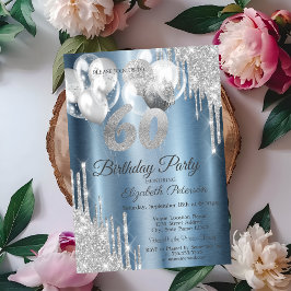 Silver Glitter Drips Ballonger Blå Metallisk 60-år Inbjudningar