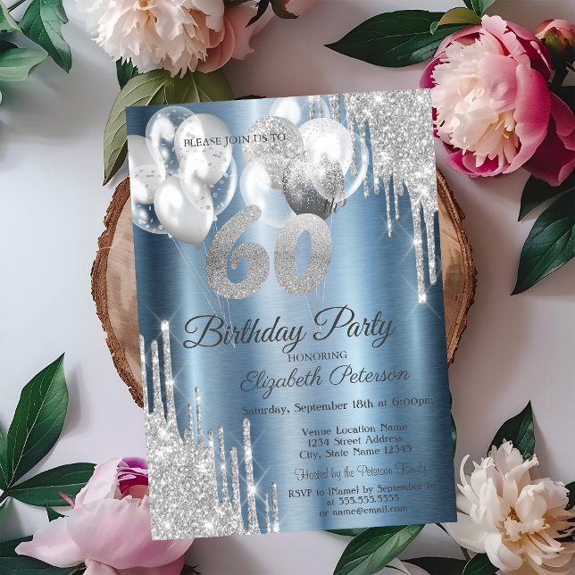 Silver Glitter Drips Ballonger Blå Metallisk 60-år Inbjudningar (Skapare uppladdad)