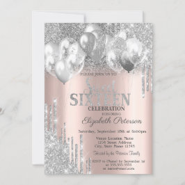 Silver Glitter Drips Ballonger Rose Gold Sweet 16 Inbjudningar