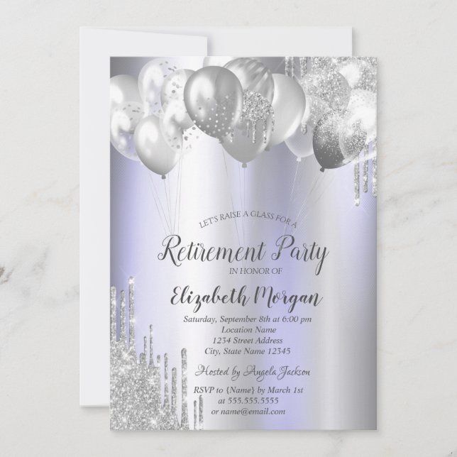 Silver Glitter Drips Ballonger Violett Pension  Inbjudningar (Framsida)