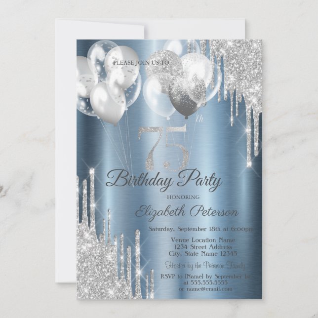 Silver Glitter Drips Balloons Blue Metallic 75th  Inbjudningar (Framsida)