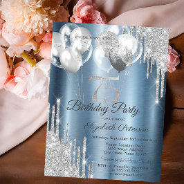 Silver Glitter Drips Balloons Blue Metallic 75th  Inbjudningar
