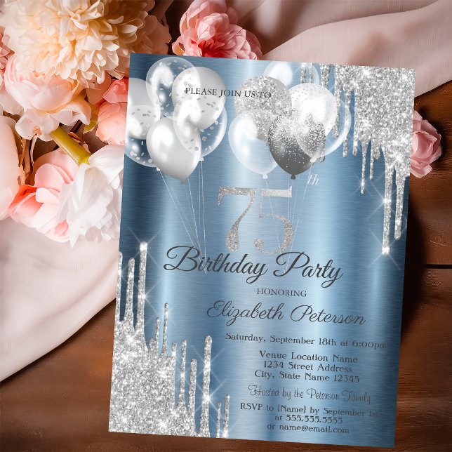 Silver Glitter Drips Balloons Blue Metallic 75th  Inbjudningar (Skapare uppladdad)