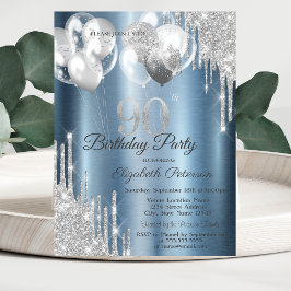 Silver Glitter Drips Balloons Blue Metallic 90th  Inbjudningar