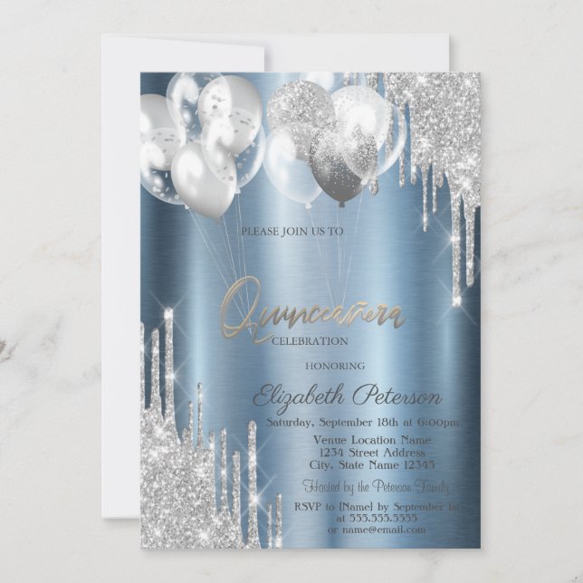Silver Glitter Drips Balloons Blue Quinceanera Inbjudningar (Framsida)