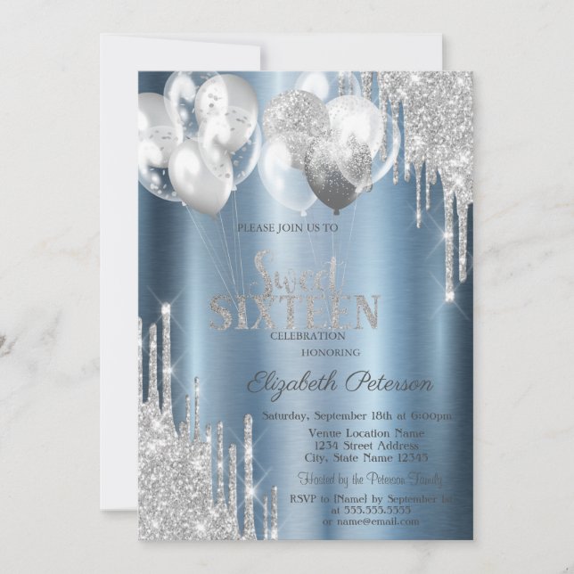Silver Glitter Drips Balloons Blue Sweet 16 Inbjudningar (Framsida)